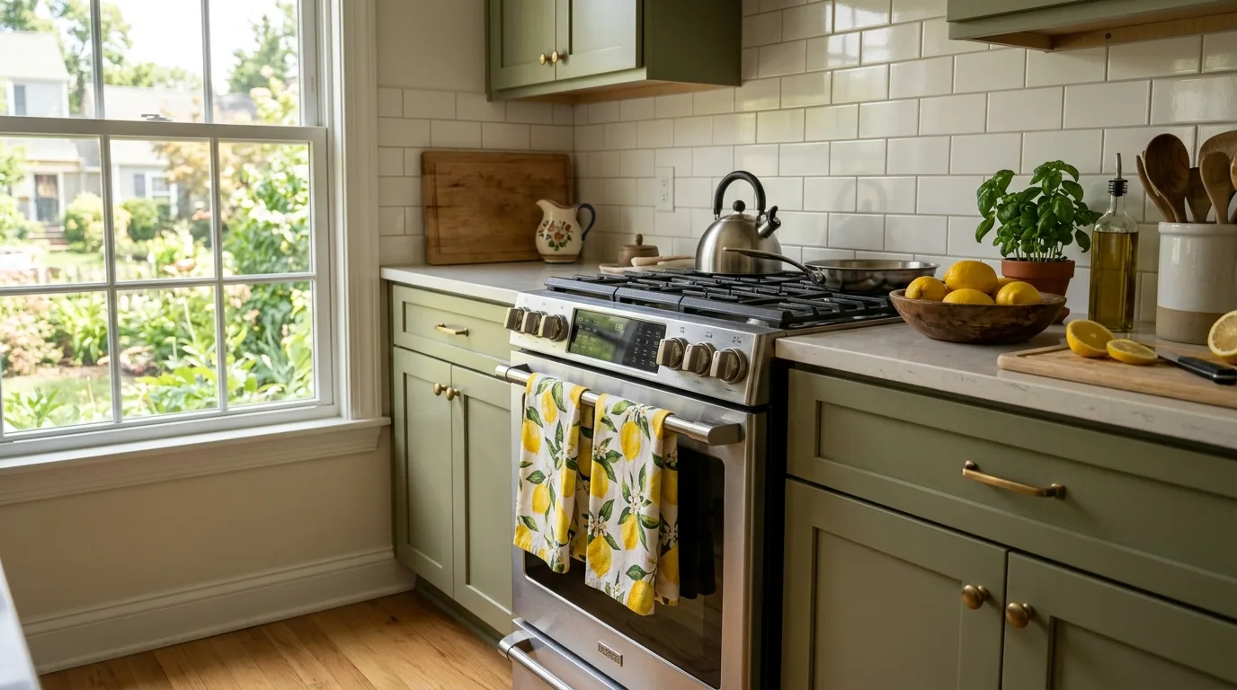 Kitchen with lemon print towels on the oven handle